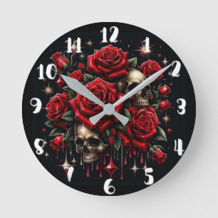Horloge Ronde Crânes d'or et roses rouges étincelante gothique
