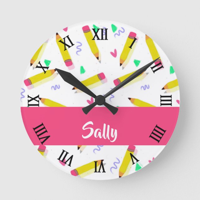 Horloge Ronde Crayons et rayures jaunes sur blanc (Recto)