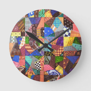 Horloge Ronde Crazy Quilt Patchwork Quilt Art géométrique Abstra