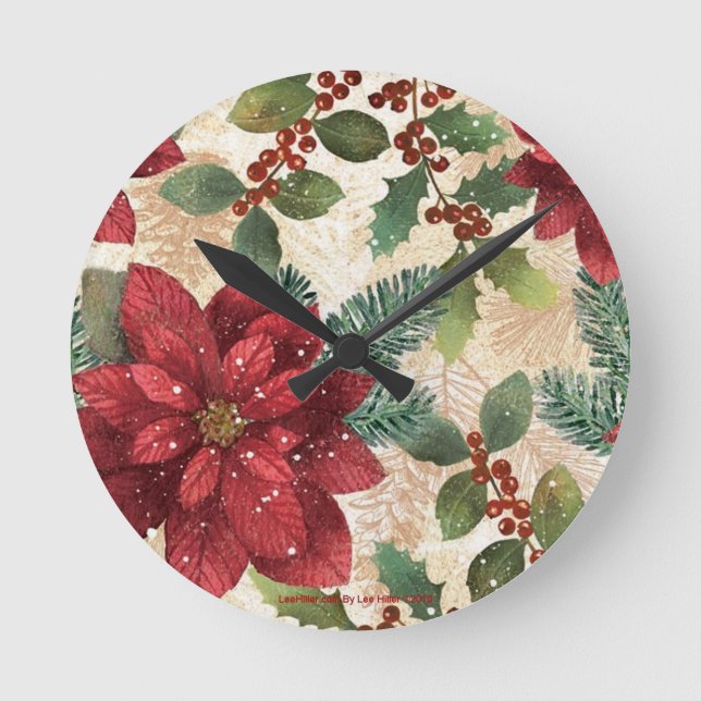 Horloge Ronde Crème verte rouge Retro les années 50 Poinsettia (Recto)