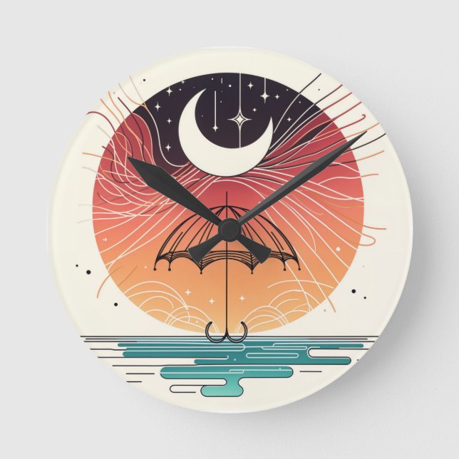 Horloge Ronde Crescent Moon Pluie Boho Line Art (Recto)