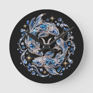 Horloge Ronde Cristal Argent Poissons Zodiaque