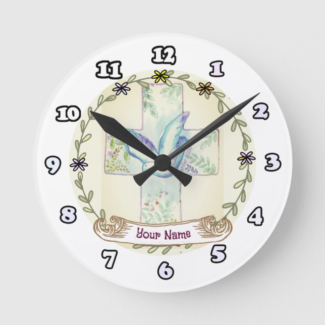 Horloge Ronde Croix chrétienne de la colombe  (Recto)