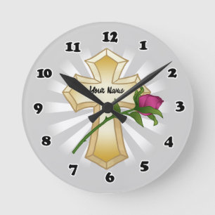 Horloge Ronde Croix chrétienne de rose