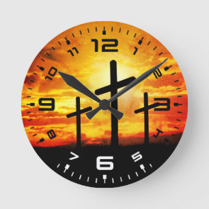 Horloge Ronde Croix, Coucher de soleil Silhouettes Peinture-6713