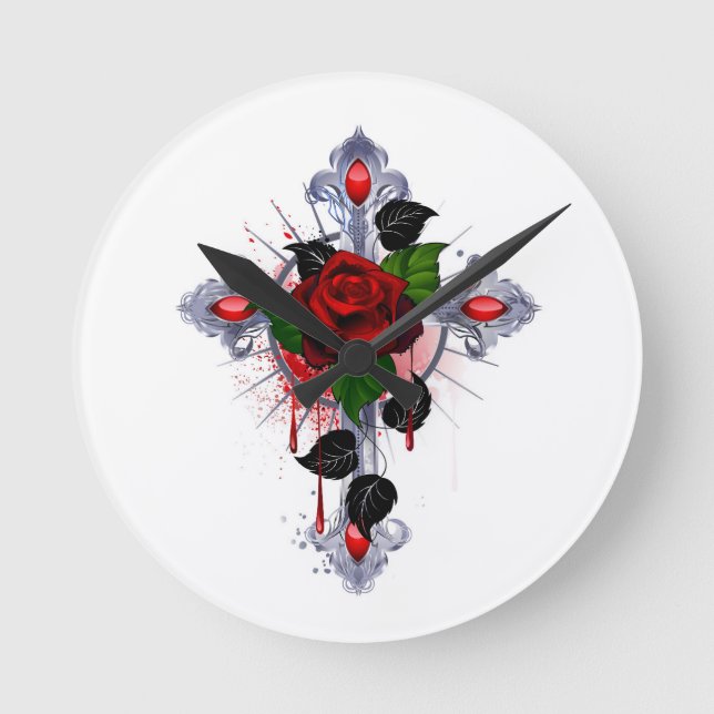Horloge Ronde Croix d'argent avec une rose rouge (Recto)