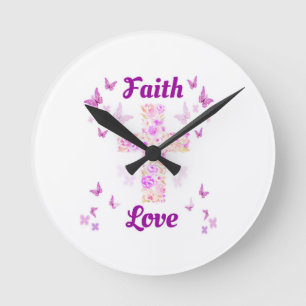 Horloge Ronde Croix de foi et d'amour des Roses avec papillon ro
