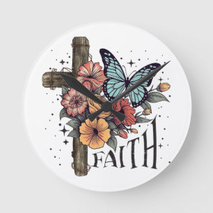 Horloge Ronde Croix de la Foi Florale