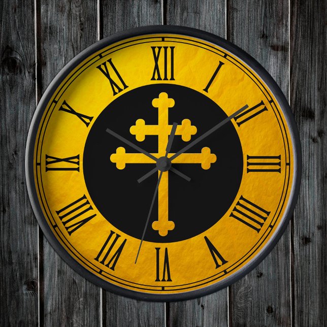Horloge Ronde Croix de Lorraine en or sur fond noir / Christian  (Créateur téléchargé)
