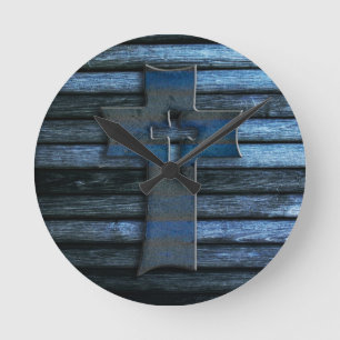 Horloge Ronde Croix en bois bleue