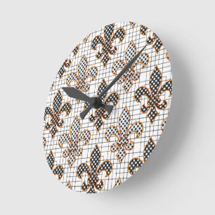 Horloge Ronde Croix noire et blanche Hachure pois Fleur-de-lis 