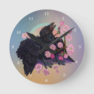 Horloge Ronde Crow naissant avec fleurs de pomme