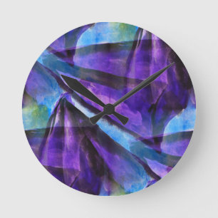 Horloge Ronde cubisme transparent violet, art abstrait bleu