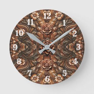 Horloge Ronde Cuir Faux Fleurs Vintage Embossé