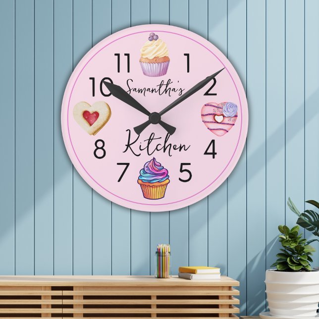 Horloge Ronde Cuisine Aquarellée Cuisine rose personnalisée (Créateur téléchargé)
