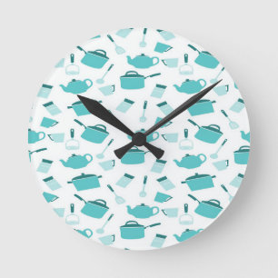 Horloge Ronde Cuisine bleu turquoise Ustensiles de cuisine Abstr
