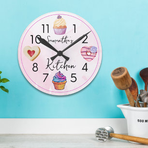 Horloge Ronde Cuisine personnalisée Cupcake Rose Aquarelle