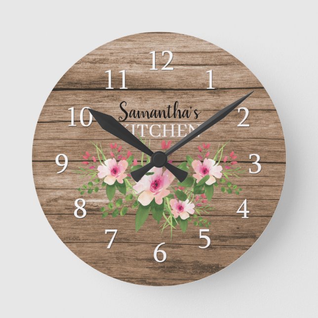 Horloge Ronde Cuisine Rustique Personnalisée En Bois Et En Flore (Recto)