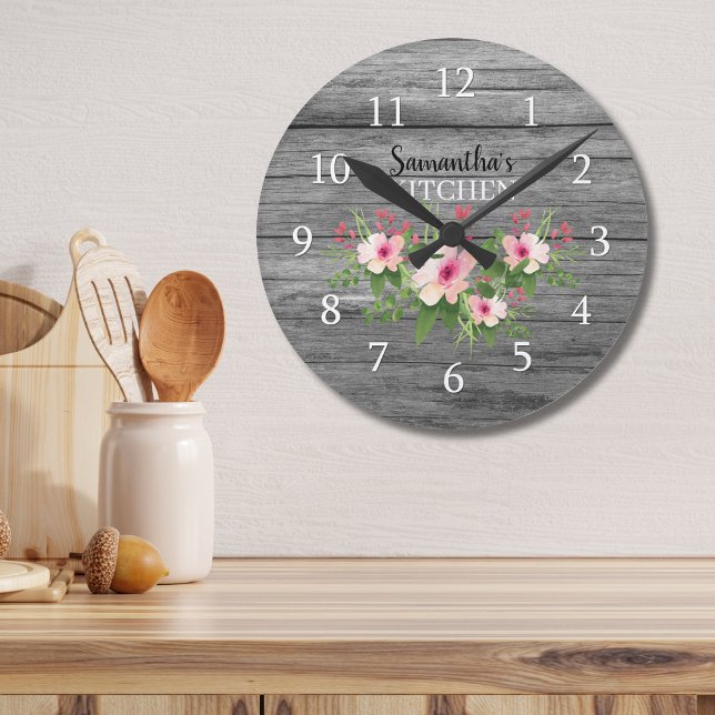 Horloge Ronde Cuisine Rustique Personnalisée En Bois Et Rose Flo (Créateur téléchargé)