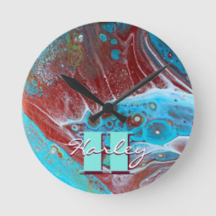 Horloge Ronde Cuivre et flux acrylique Turquoise