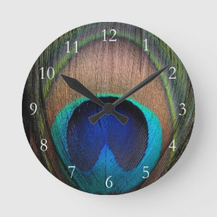 Horloge Ronde Cuivre/Turquoise/Plumes de paon bleu
