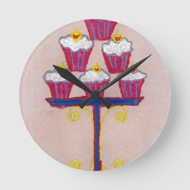 Horloge Ronde Cupcake Art Imprimer avec cerise et Arrière - plan (Recto)