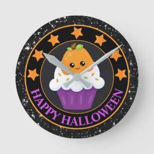 Horloge Ronde Cupcake d'Halloween à la citrouille kawaii