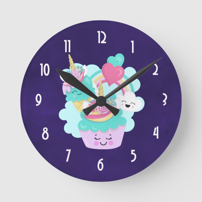 Horloge Ronde Cupcake mignonne et crème glacée joyeuse (Recto)