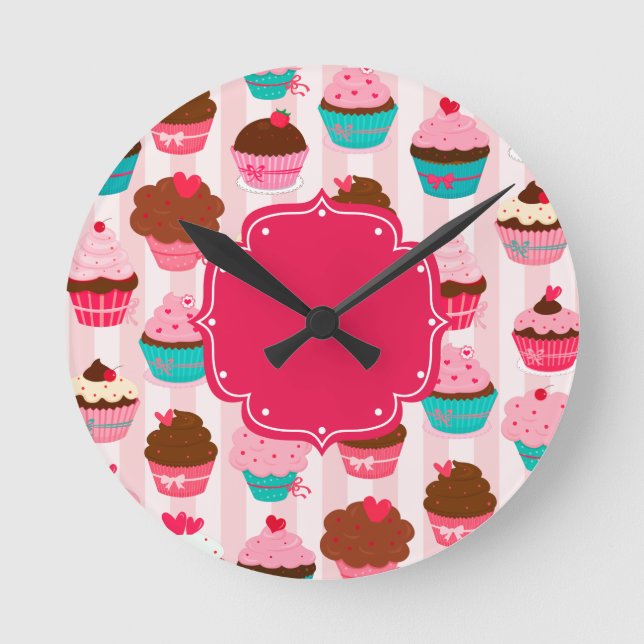 Horloge Ronde Cupcakes Rose Moderne Fille (Recto)