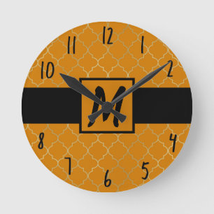 Horloge Ronde Curcuma Jaune & Or Quatrefoil Monogrammé
