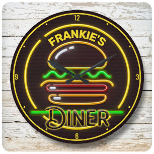 Horloge Ronde Custom ADD NAME Retro Faux Neon Burger Diner