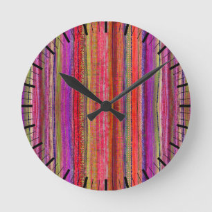 Horloge Ronde Custom Boho Vintage Rouge Violet Rayures -