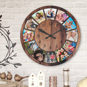Horloge Ronde Custom Family Photo Collage Reclaimed Wood