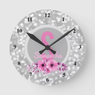 Horloge Ronde Custom Girls Girly Silver Bokeh Pink Flowers