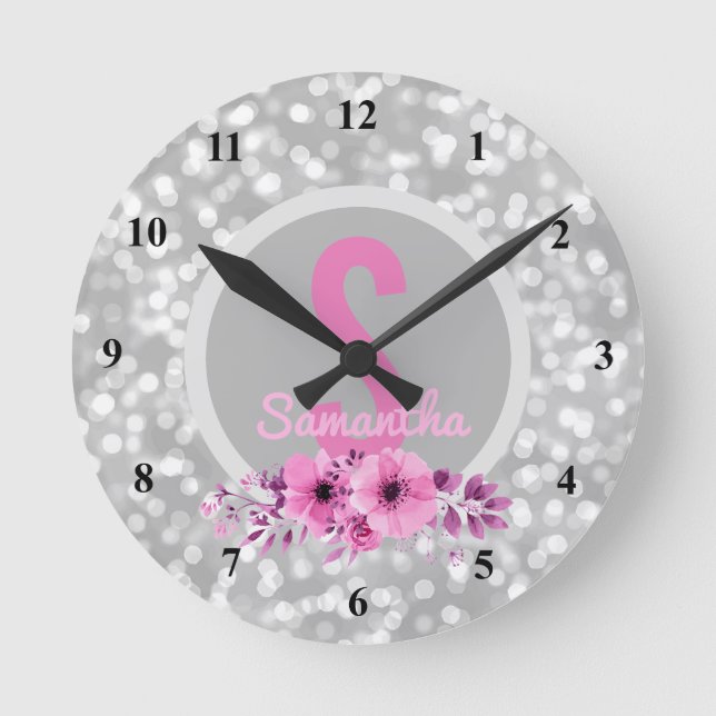 Horloge Ronde Custom Girls Girly Silver Bokeh Pink Flowers (Recto)