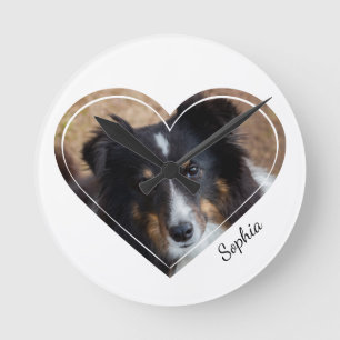 Horloge Ronde Custom Heart Shape Pet Photo & Personalized Text