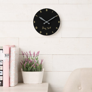 Horloge Ronde Custom Monogrammed Modern Elegant Black Faux Gold