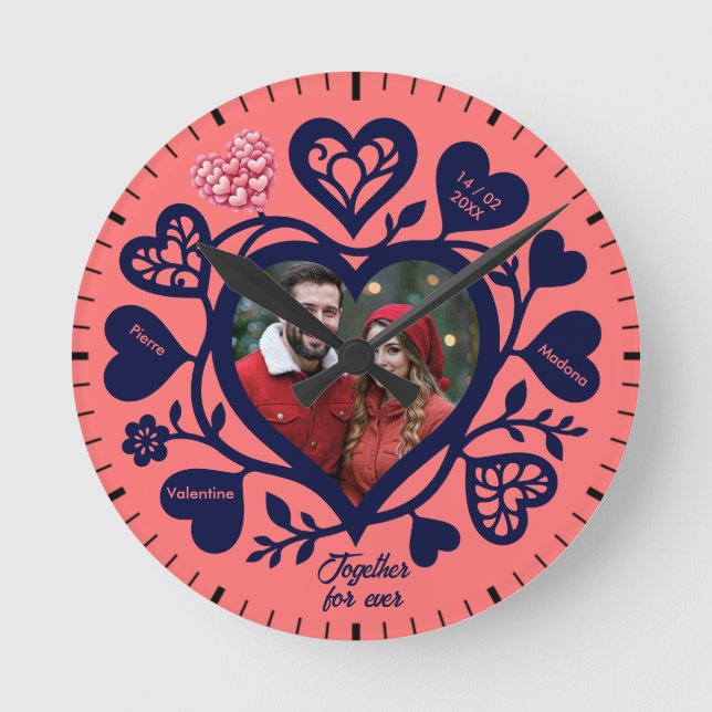 Horloge Ronde Custom Navy Coral Photo Heart Clock (Recto)