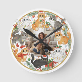 Horloge Ronde Custom Pet Photo Christmas Cat Wall Clock
