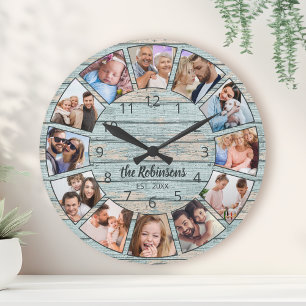 Horloge Ronde Custom Photo Collage Natural Wood Family Nom