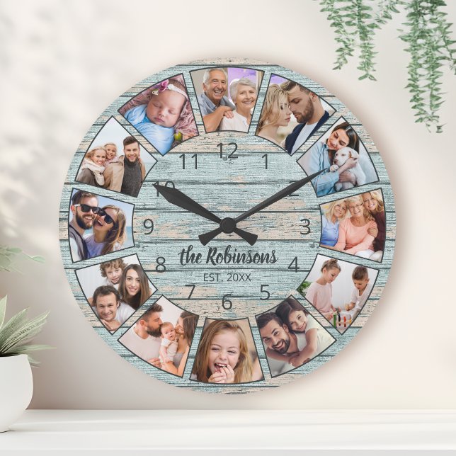 Horloge Ronde Custom Photo Collage Natural Wood Family Nom (Créateur téléchargé)