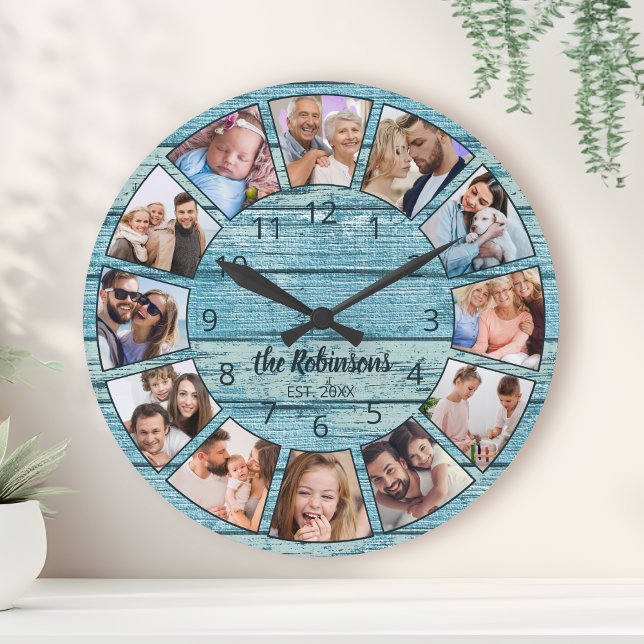 Horloge Ronde Custom Photo Collage Natural Wood Family Nom (Créateur téléchargé)