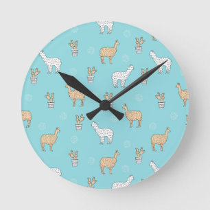 Horloge Ronde Cute Alpaca Llama Cactus Motif