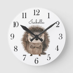 Horloge Ronde Cute Aquarelle Bois Animal Hérisson Pépinière