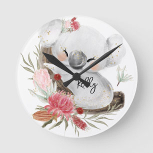 Horloge Ronde Cute Baby Koala Gold Speckle Nom personnalisé
