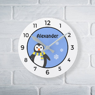 Horloge Ronde Cute baby penguin add name blue white kid