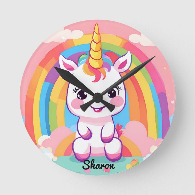 Horloge Ronde Cute Baby Unicorn Arc-en-ciel (Recto)