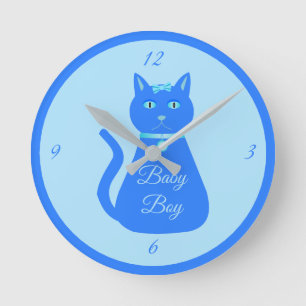 Horloge Ronde Cute Blue Baby Boy Chat sur mesure Nursery