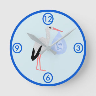 Horloge Ronde Cute Blue Baby Boy Stork Nursery