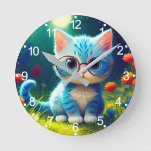 Horloge Ronde Cute Blue Kitten Portant des lunettes-276548